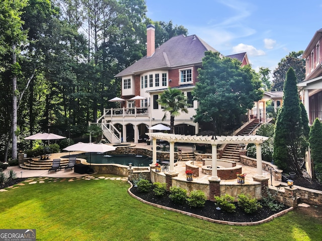 back of property featuring area for grilling, a lawn, a patio, and a bar