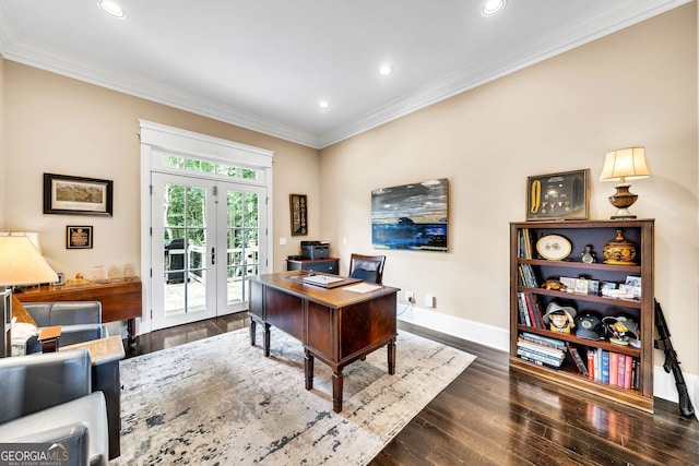 office featuring dark hardwood / wood-style flooring, french doors, and crown molding