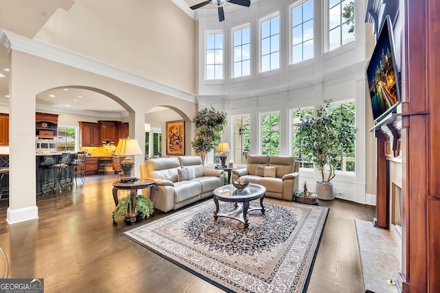 living room featuring a high ceiling, dark wood-type flooring, ornamental molding, and ceiling fan