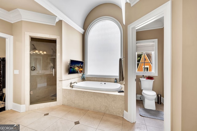 bathroom featuring tile patterned flooring, toilet, separate shower and tub, and ornamental molding