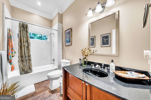 full bathroom featuring toilet, vanity, crown molding, and shower / tub combo