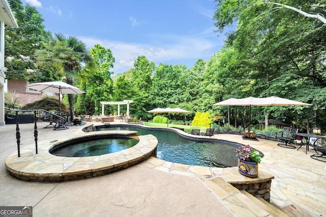 view of swimming pool featuring a patio and an in ground hot tub