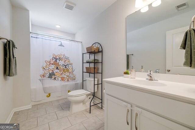 full bathroom with toilet, vanity, tile patterned flooring, and shower / bathtub combination with curtain