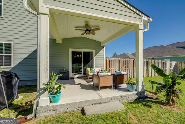 view of patio / terrace with ceiling fan and outdoor lounge area