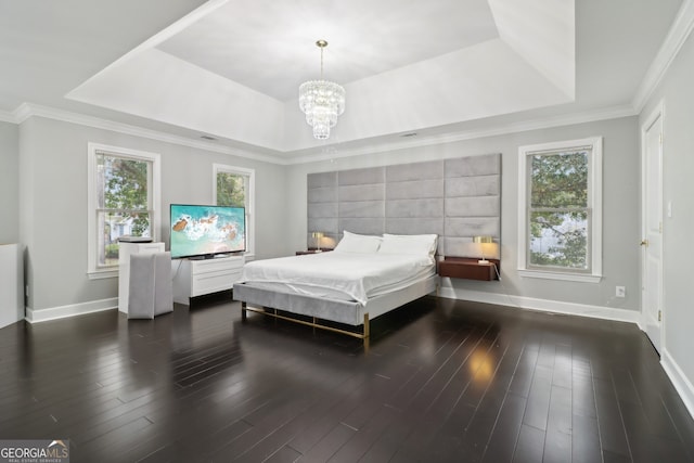 bedroom with a tray ceiling, dark hardwood / wood-style flooring, and multiple windows