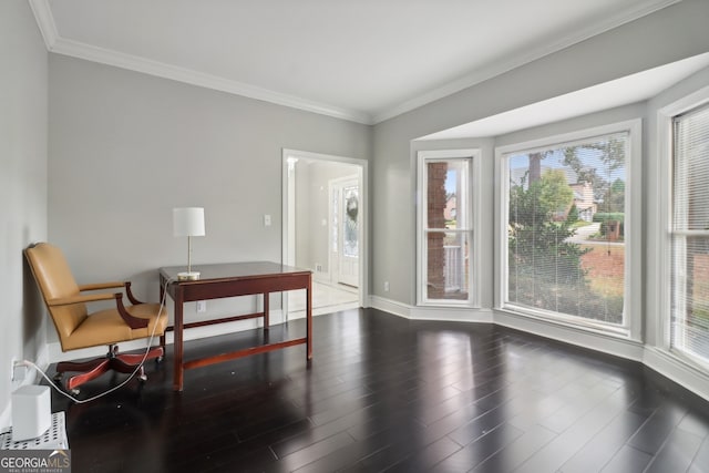 office area with dark wood-type flooring and crown molding