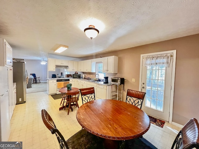 dining space with sink, a textured ceiling, and ceiling fan