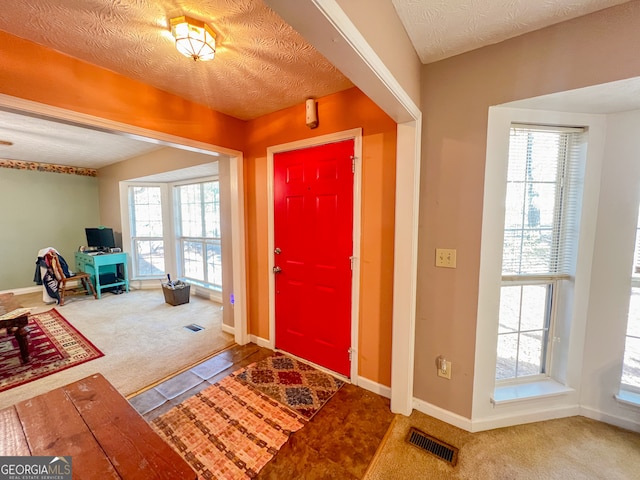 carpeted foyer featuring a wealth of natural light and a textured ceiling