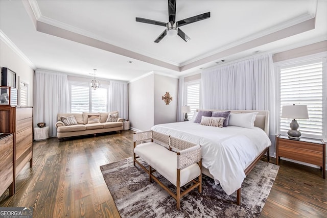 bedroom with dark wood-type flooring, multiple windows, and a tray ceiling