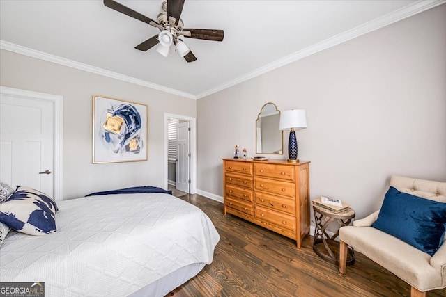 bedroom with ornamental molding, dark hardwood / wood-style flooring, and ceiling fan