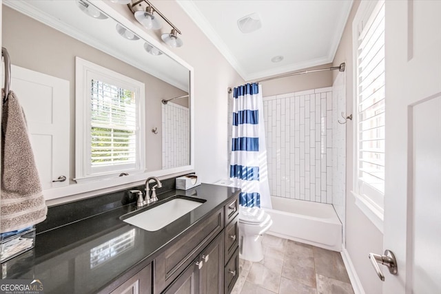 full bathroom with shower / bath combination with curtain, ornamental molding, vanity, tile patterned floors, and toilet