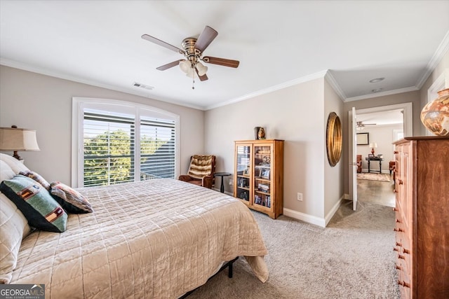 bedroom with light carpet, ceiling fan, and crown molding