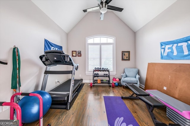 exercise room featuring dark hardwood / wood-style flooring, lofted ceiling, and ceiling fan