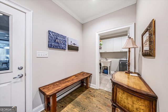 corridor featuring hardwood / wood-style floors and ornamental molding