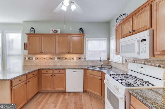 kitchen with a healthy amount of sunlight, light wood-type flooring, white appliances, and sink