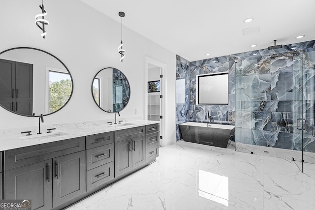 bathroom featuring vanity, plus walk in shower, and tile walls