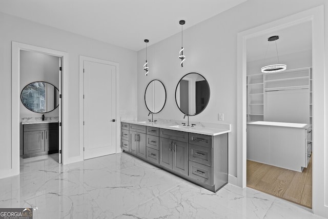 bathroom with hardwood / wood-style flooring and vanity