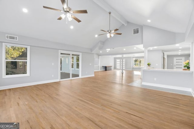 unfurnished living room featuring beamed ceiling, light wood-type flooring, visible vents, and baseboards