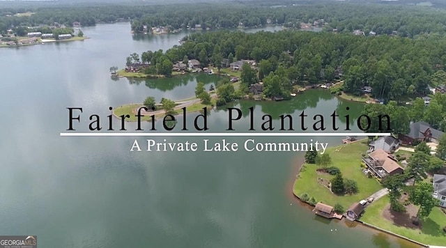 drone / aerial view with a water view and a forest view