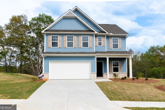 craftsman house with an attached garage, a porch, a front yard, driveway, and roof with shingles