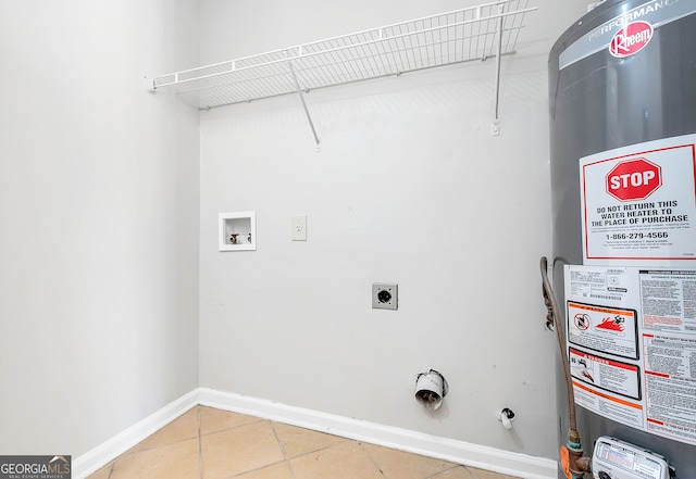 laundry room featuring washer hookup, gas water heater, hookup for an electric dryer, gas dryer hookup, and tile patterned floors