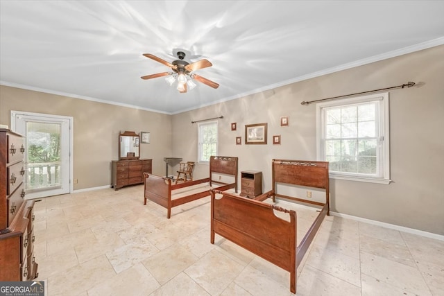 sitting room with plenty of natural light, ceiling fan, and crown molding