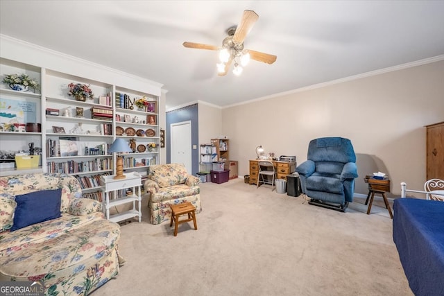 living area with light colored carpet, ceiling fan, and crown molding