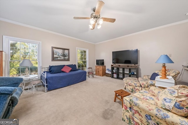 carpeted living room featuring ceiling fan and crown molding