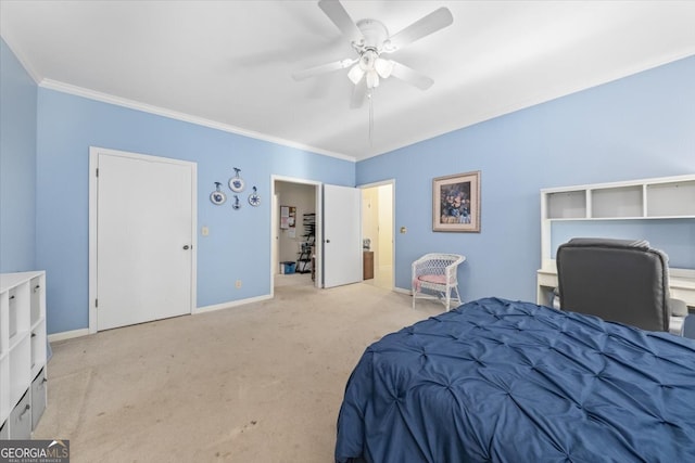 bedroom with ceiling fan, ornamental molding, and light colored carpet