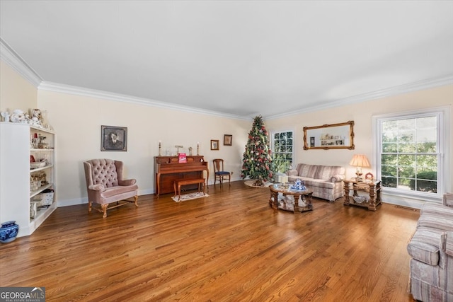 living room featuring wood-type flooring and ornamental molding