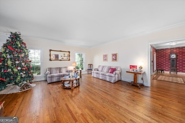 living room featuring a wood stove, ornamental molding, and light hardwood / wood-style flooring