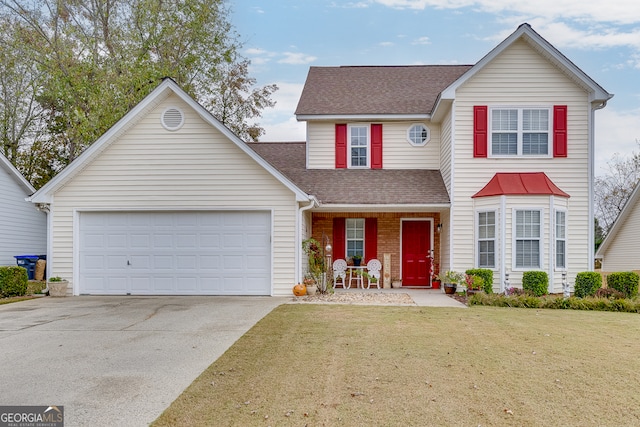 view of front property featuring a garage, a front lawn, and a porch