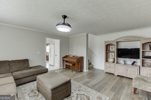 living room with ornamental molding, light hardwood / wood-style floors, and a textured ceiling