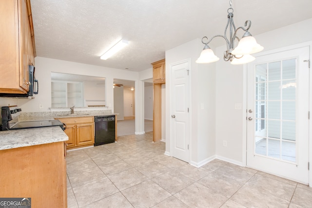 kitchen featuring black appliances, a textured ceiling, light tile patterned floors, decorative light fixtures, and a chandelier