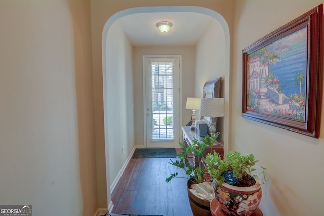 doorway with dark hardwood / wood-style flooring