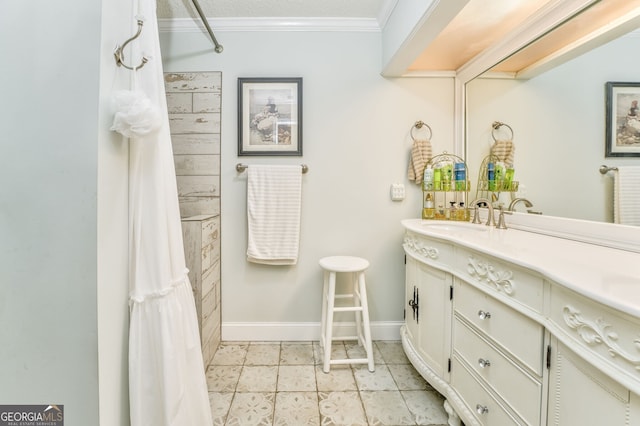 bathroom featuring tile patterned floors, vanity, baseboards, ornamental molding, and a shower with curtain