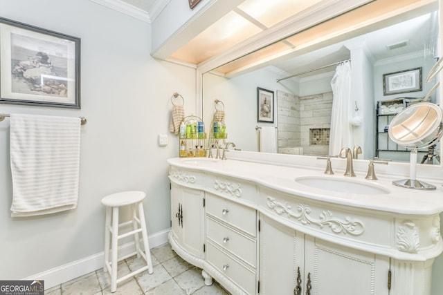 full bathroom with a shower with curtain, baseboards, ornamental molding, and a sink