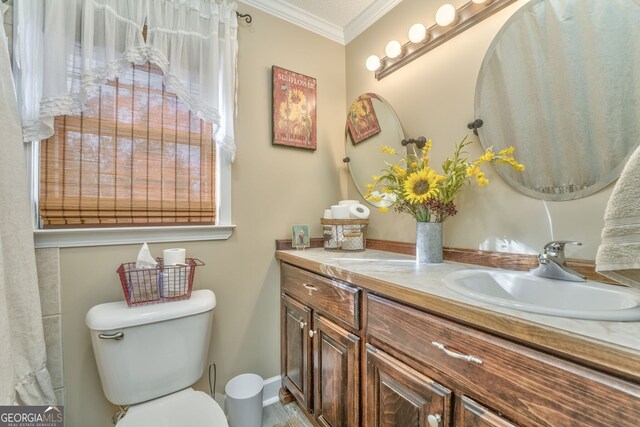 bathroom with toilet, ornamental molding, and vanity