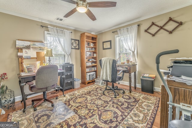 office area with a textured ceiling, ornamental molding, and a wealth of natural light