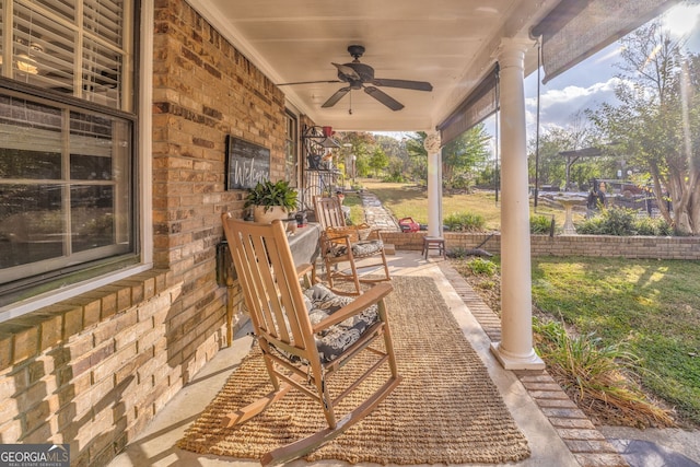 view of patio featuring a porch and ceiling fan