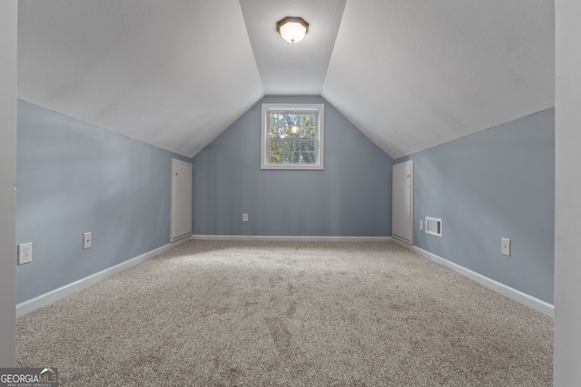 additional living space featuring carpet, lofted ceiling, and a textured ceiling