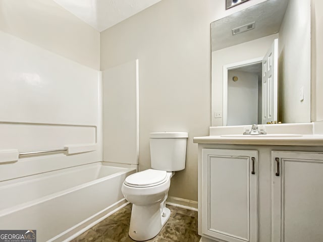 full bathroom with bathtub / shower combination, vanity, and toilet