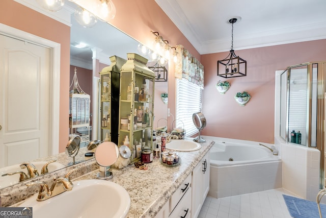 bathroom featuring vanity, tile patterned flooring, ornamental molding, and a relaxing tiled tub