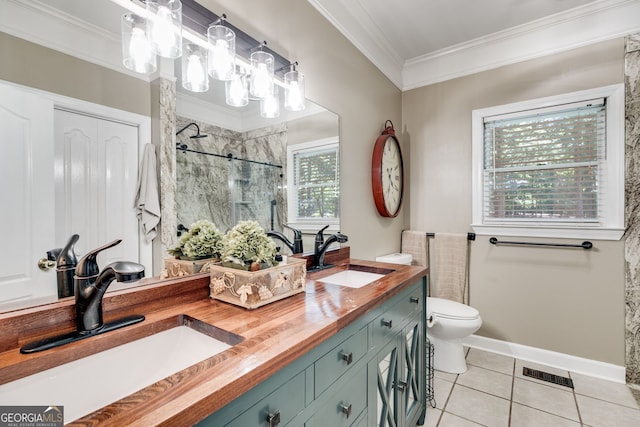 bathroom with walk in shower, tile patterned flooring, vanity, crown molding, and toilet