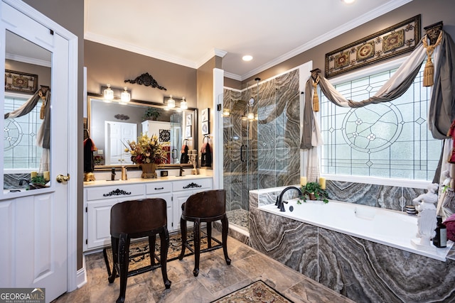 bathroom with vanity, separate shower and tub, and crown molding