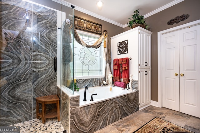 bathroom featuring shower with separate bathtub, plenty of natural light, and crown molding