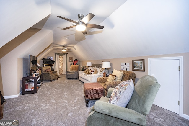 carpeted living room featuring vaulted ceiling and ceiling fan