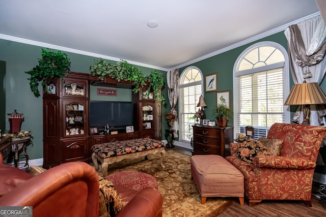 living room with crown molding and hardwood / wood-style floors