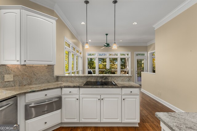 kitchen with light stone counters, ceiling fan, dark wood-type flooring, crown molding, and white cabinets