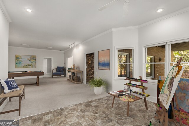 interior space with carpet floors, crown molding, and a healthy amount of sunlight